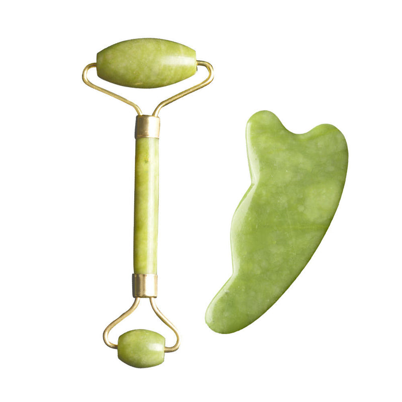 2 pc Natural Guasha Facial Jade Roller Face Neck Body Gua Sha Board Massager Set