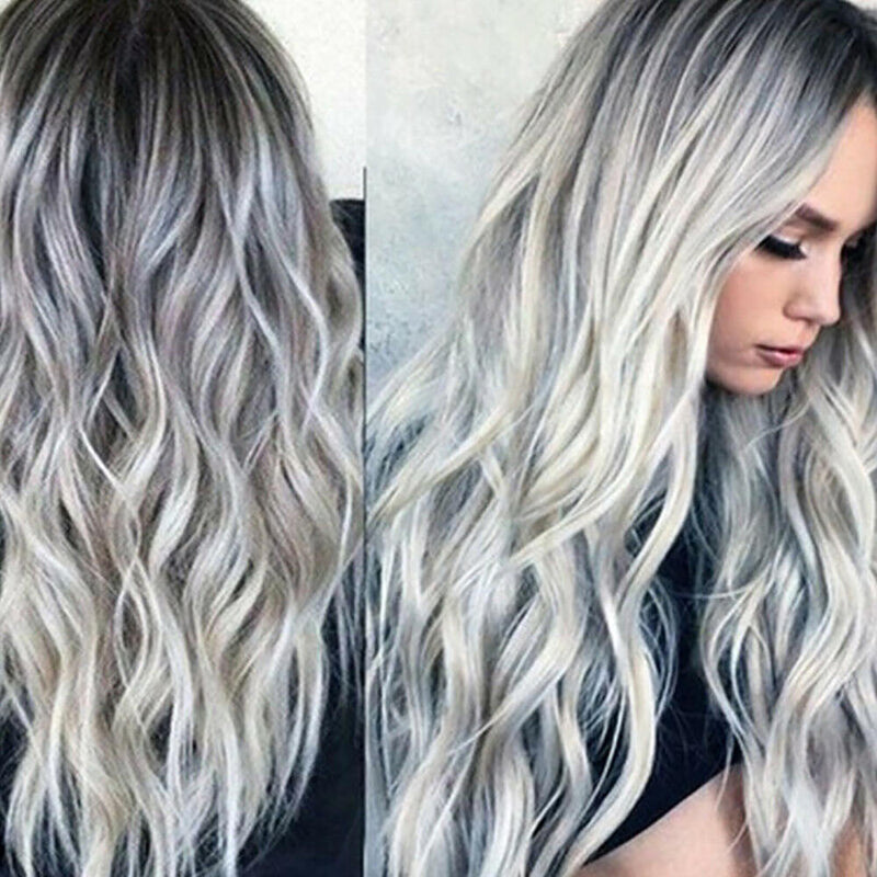 1 * Women Gradient Grey Long Full Curly Wig Wavy Hair Heat Resistant Beautiful