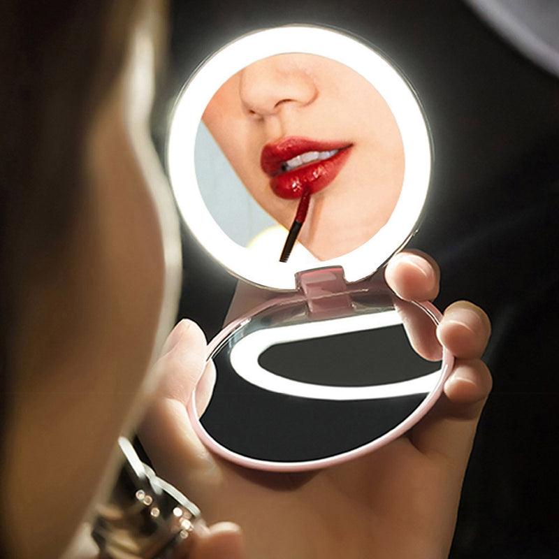 1 Pcs Portable LED Makeup Lighted Makeup Hand Small Round Pocket travel Mirror