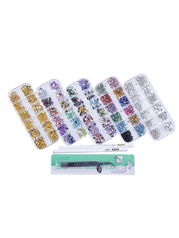 5 Boxes Nail Art Round Rhinstone Glitter Gems Manicure Decoration Set +Accessory