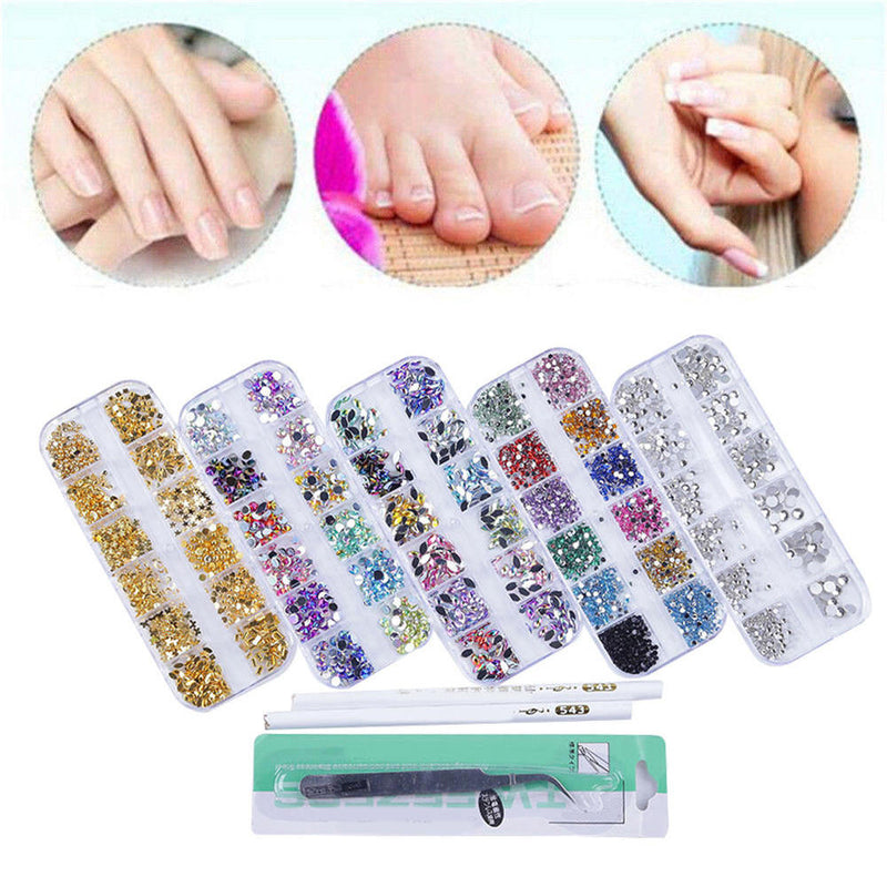 5 Boxes Nail Art Round Rhinstone Glitter Gems Manicure Decoration Set +Accessory