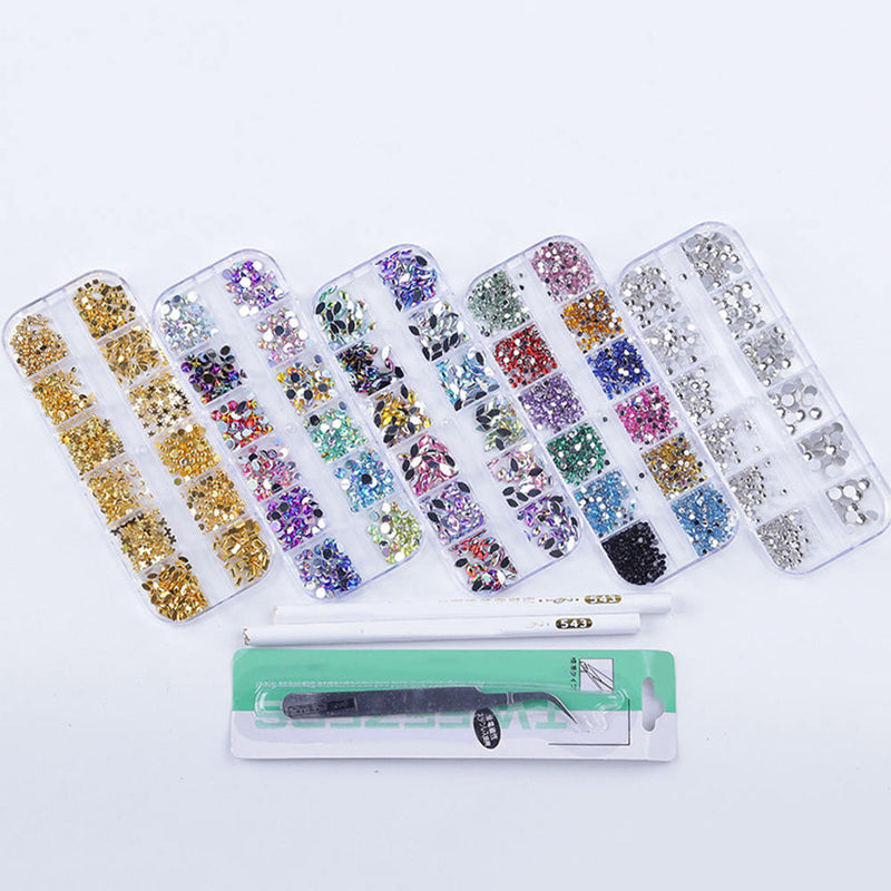 5 Boxes Nail Art Round Rhinstone Glitter Gems Manicure Decoration Set +Accessory