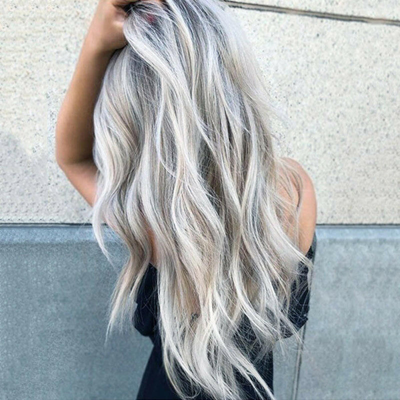 Women Gradient Grey Long Full Curly Wig Wavy Hair Heat Resistant Wig AU V R