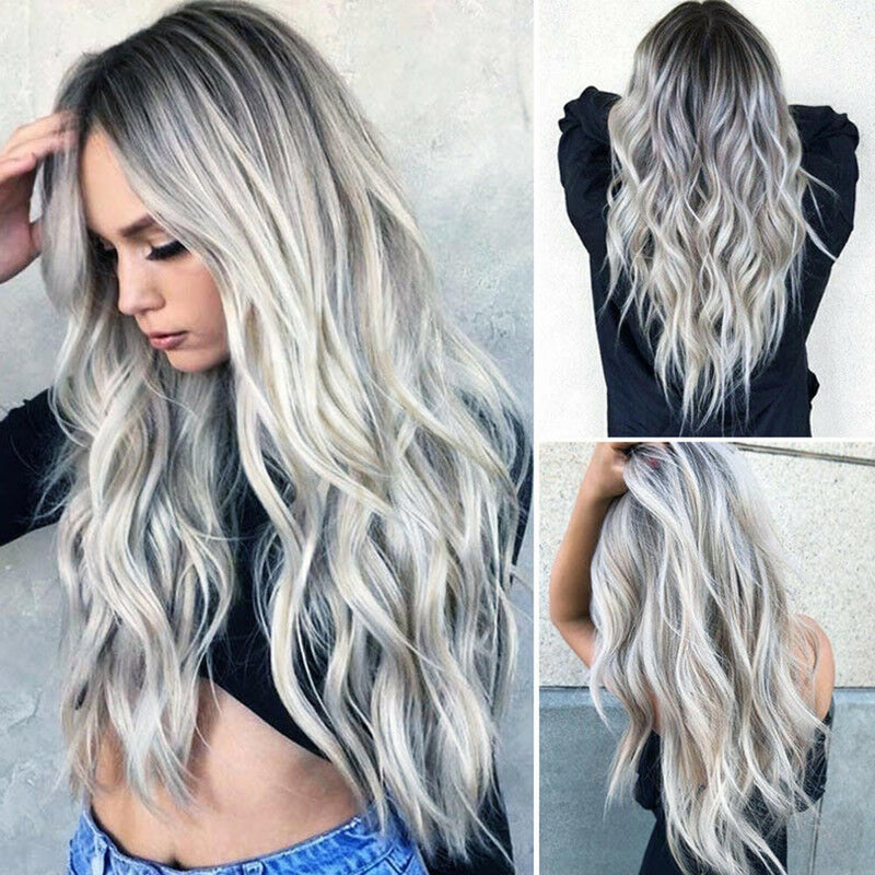 Women Gradient Grey Long Full Curly Wig Wavy Hair Heat Resistant Wig AU V R