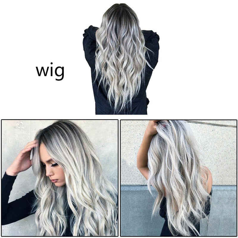 Women Gradient Grey Long Full Curly Wig Wavy Hair Heat Resistant Wig AU V R
