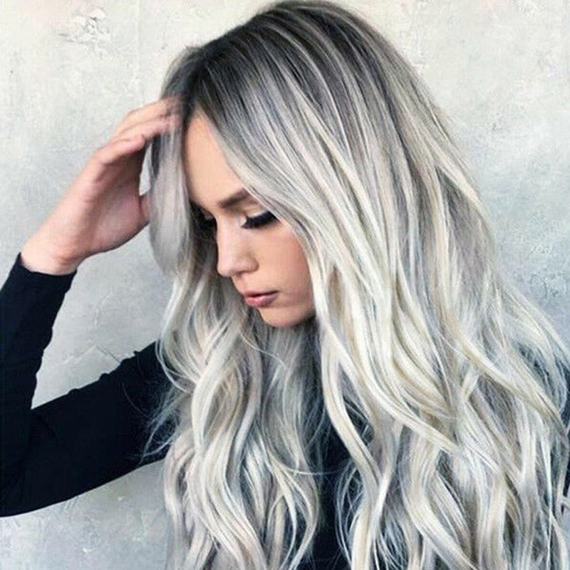 Women Gradient Grey Long Full Curly Wig Wavy Hair Heat Resistant Wig AU V R