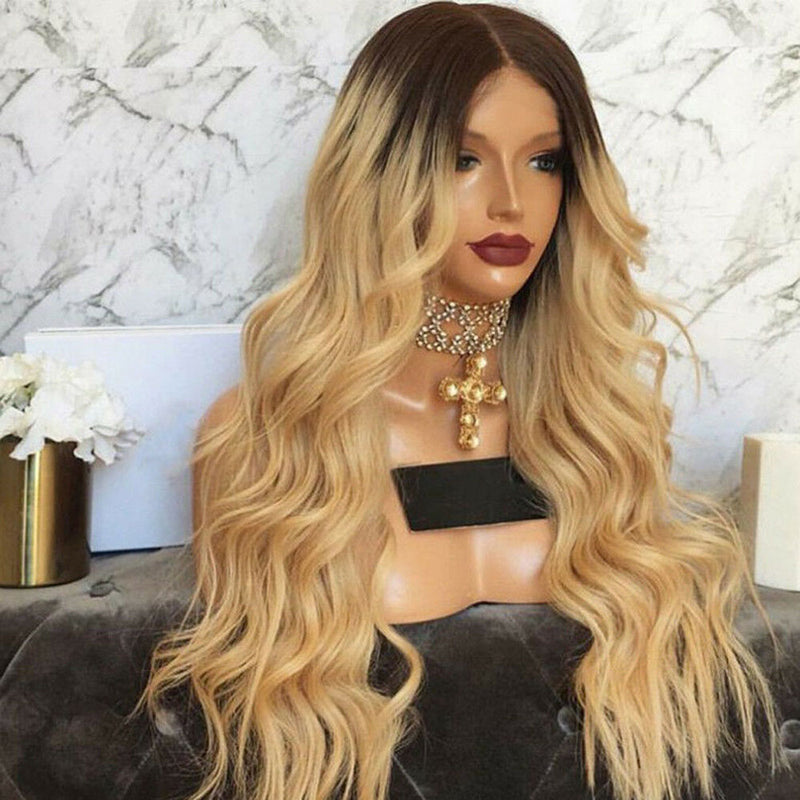 Ladies Curly Long Wig Hair Wavy Ombre Blonde Natural Synthetic Full Wigs Costum