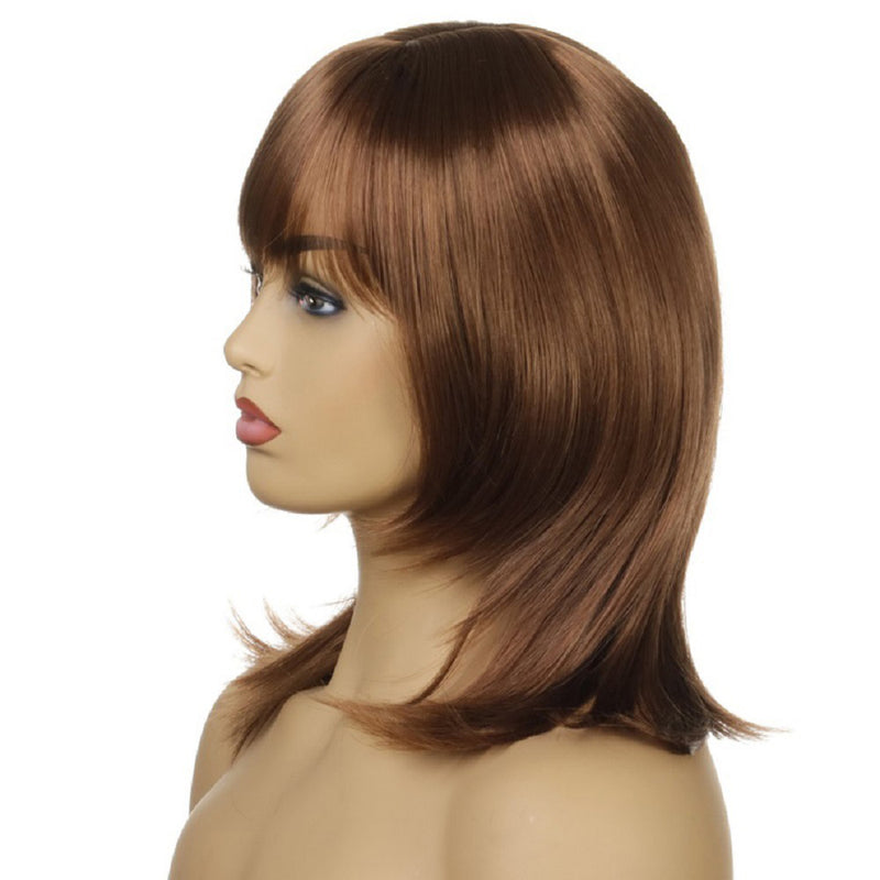 Woman Brown Wig Synthetic Hair With Bangs Brown Short Straight Bob Full Wigs
