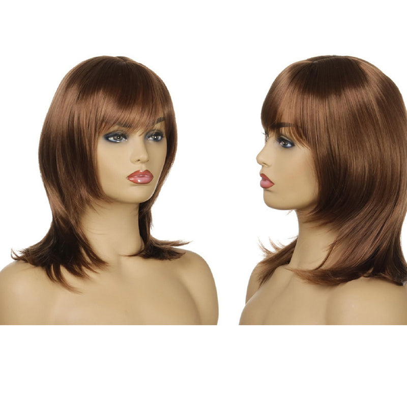 Woman Brown Wig Synthetic Hair With Bangs Brown Short Straight Bob Full Wigs