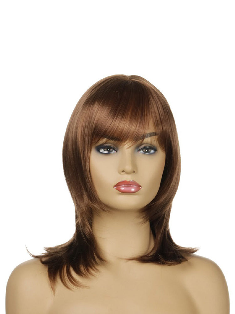 Woman Brown Wig Synthetic Hair With Bangs Brown Short Straight Bob Full Wigs