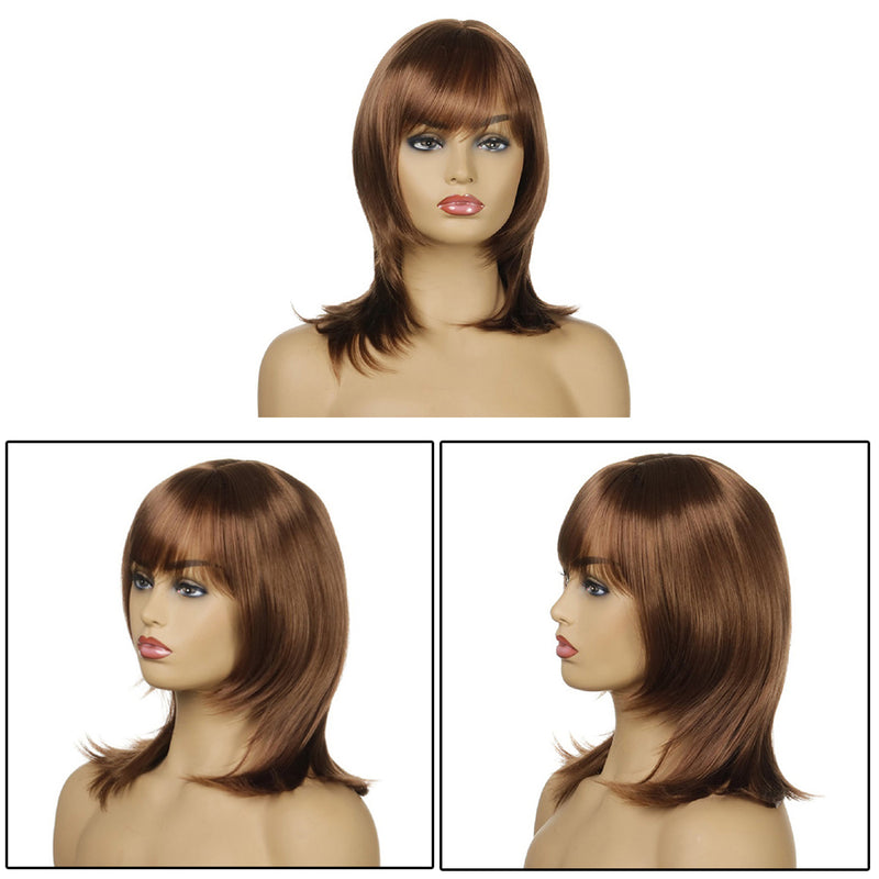 Woman Brown Wig Synthetic Hair With Bangs Brown Short Straight Bob Full Wigs