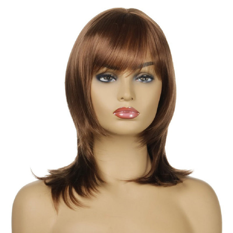 Woman Brown Wig Synthetic Hair With Bangs Brown Short Straight Bob Full Wigs