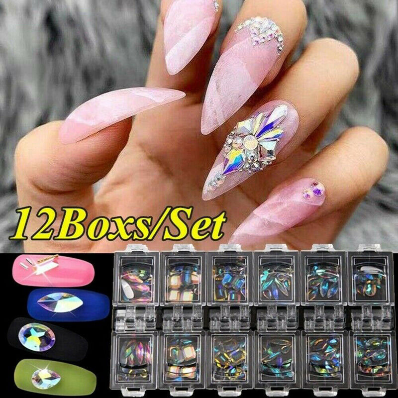 1x 12 Grids Fashion Diamond Gems Glitter Rhinestone Glass Nail Art Decoration