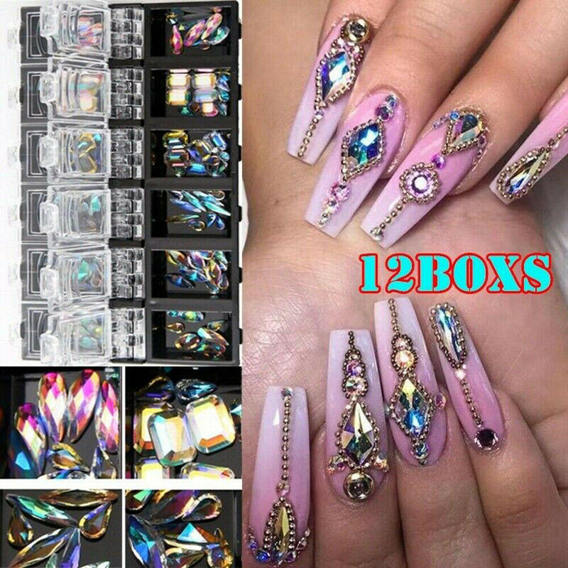 1x 12 Grids Fashion Diamond Gems Glitter Rhinestone Glass Nail Art Decoration