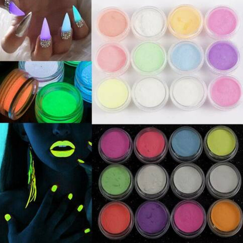 12 Colour Glow Nail Art Fluorescent Powder Luminous Pigment Glow in the Dark