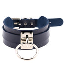 European and American Harajuku PU Leather Silver Single Ring Collar Wide Street-Snap Nightclub O-shaped Choker Necklace(Dark Blue)