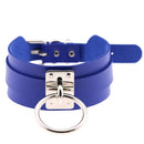European and American Harajuku PU Leather Silver Single Ring Collar Wide Street-Snap Nightclub O-shaped Choker Necklace(Blue)
