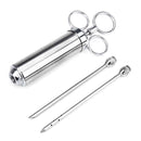 60ml Stainless Steel Syringe Dual Needles Condiment Turkey Meat Injector Cooking Tools (Silver)
