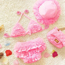 Baby Girl Bikini Lace 3 Pieces Bikini Set Cute Swimsuit with Hat, Size: L(Pink)