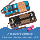 Beginner Sketching Tools (18 PCS Sketching Pencils + Charcoal Pencil + Erasers + Pen Curtain + Art Knife) Sketching Set(Black)
