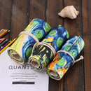 36 Slots Van Gogh Oil Painting Print Pen Bag Canvas Pencil Wrap Curtain Roll Up Pencil Case Stationery Pouch