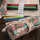 48 Slots Rose Clock Print Pen Bag Canvas Pencil Wrap Curtain Roll Up Pencil Case Stationery Pouch