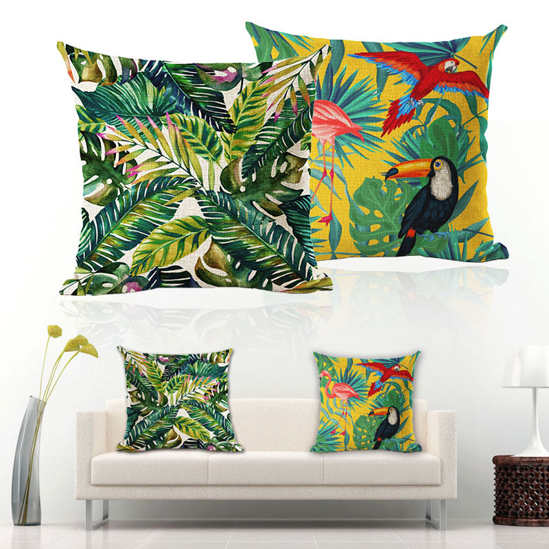 1*Pillow Case Tropical Plants Green Leaves Flower Decorative Linen Cushion