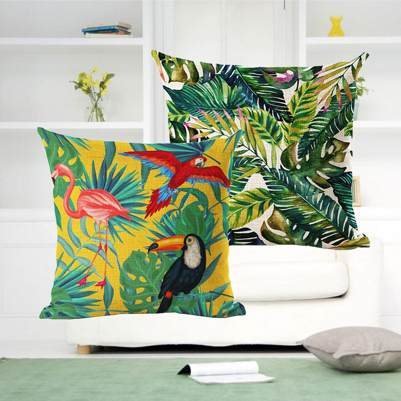 1*Pillow Case Tropical Plants Green Leaves Flower Decorative Linen Cushion