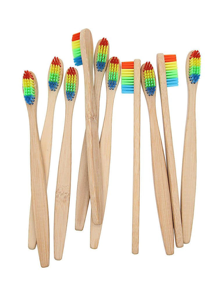 10 Pcs Medium-Bristle Bamboo Toothbrush Wood Teeth Brush Fibre Wooden Hand