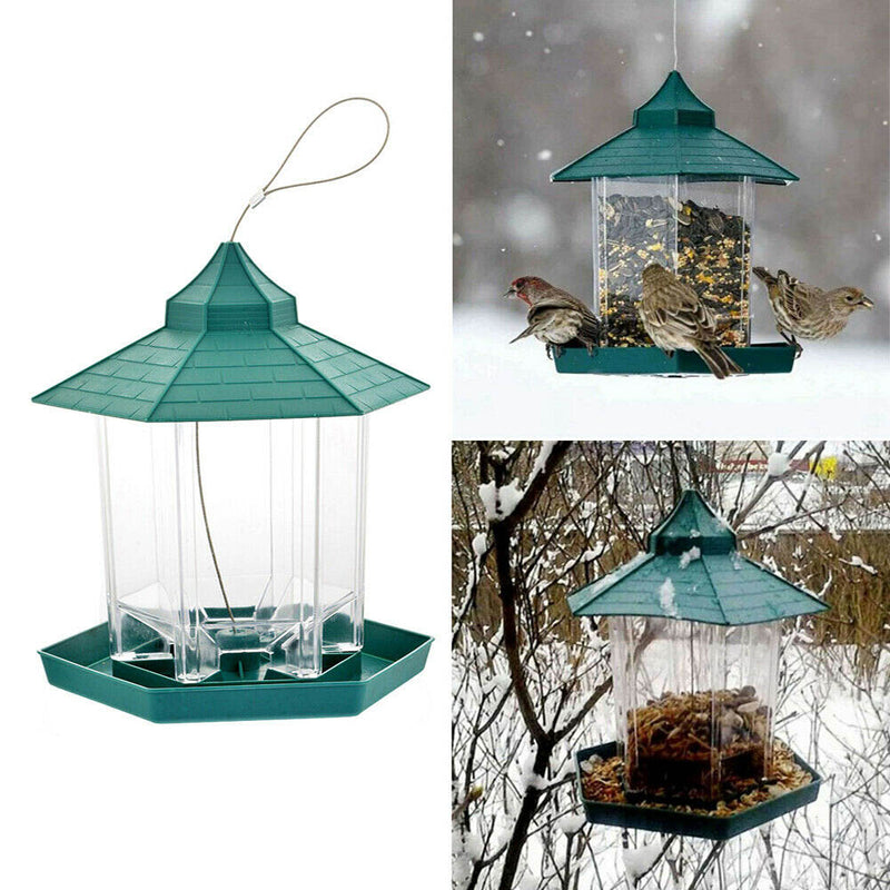 Green Pavilion Bird Feeder Plastic Hanging Wild Bird Food Container Garden Decor