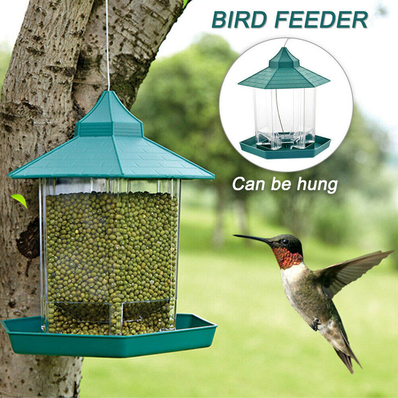 Green Pavilion Bird Feeder Plastic Hanging Wild Bird Food Container Garden Decor