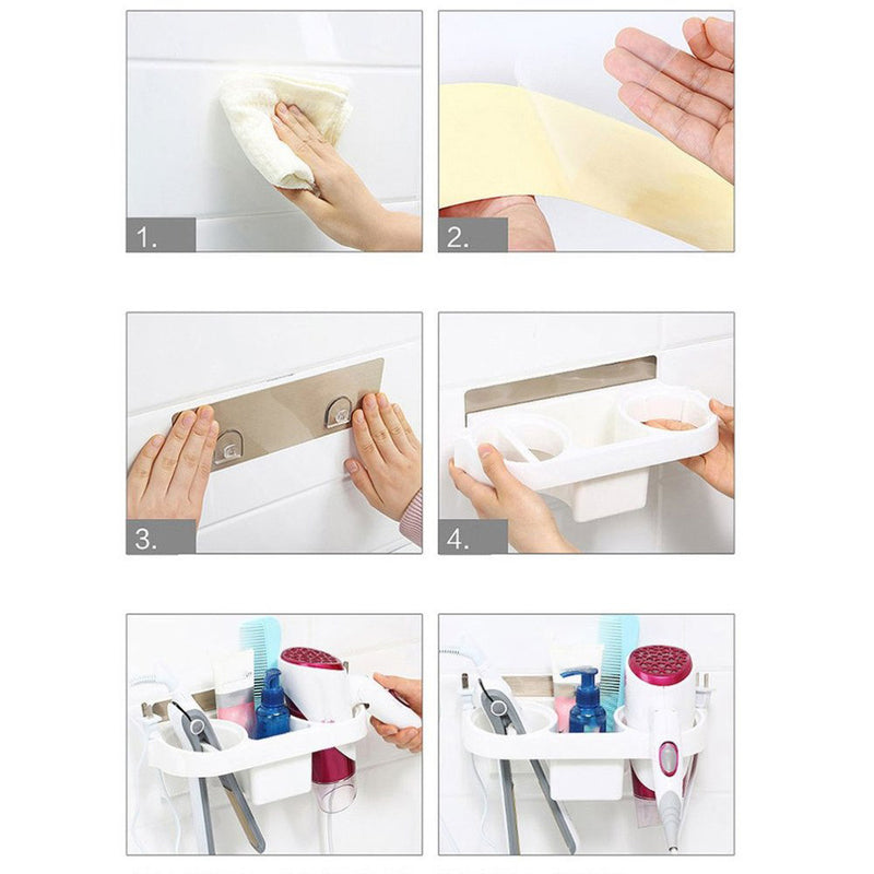 Wall Mounted 3 in 1 Bath Hair Dryer Organizer Stand Storage Holder Self-adhesive