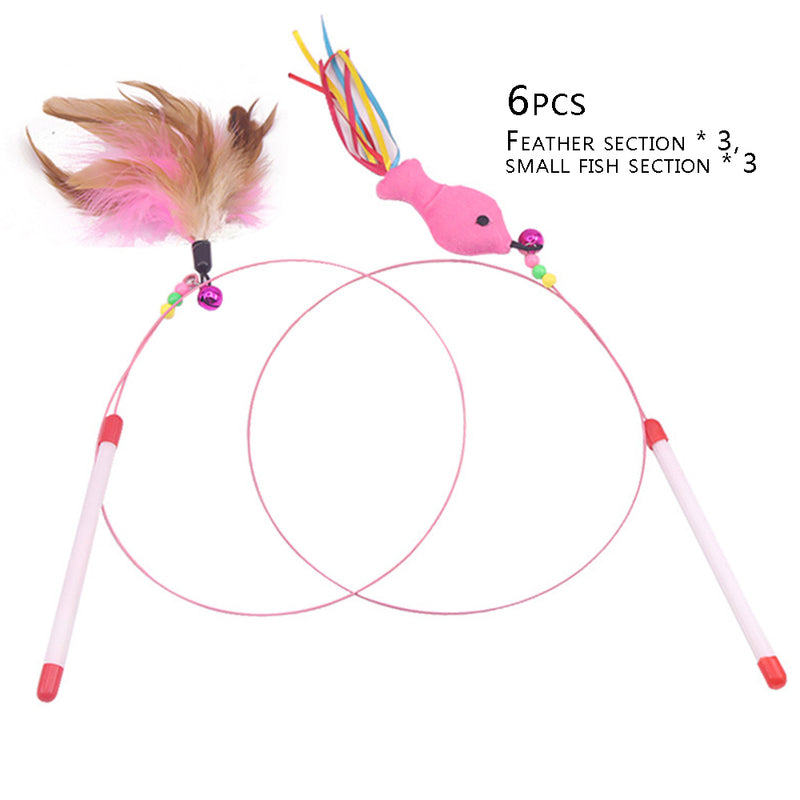 6x Cat Kitten Pet Teaser Feather Wire Chaser Toys Wand Feather Bell Play Funny