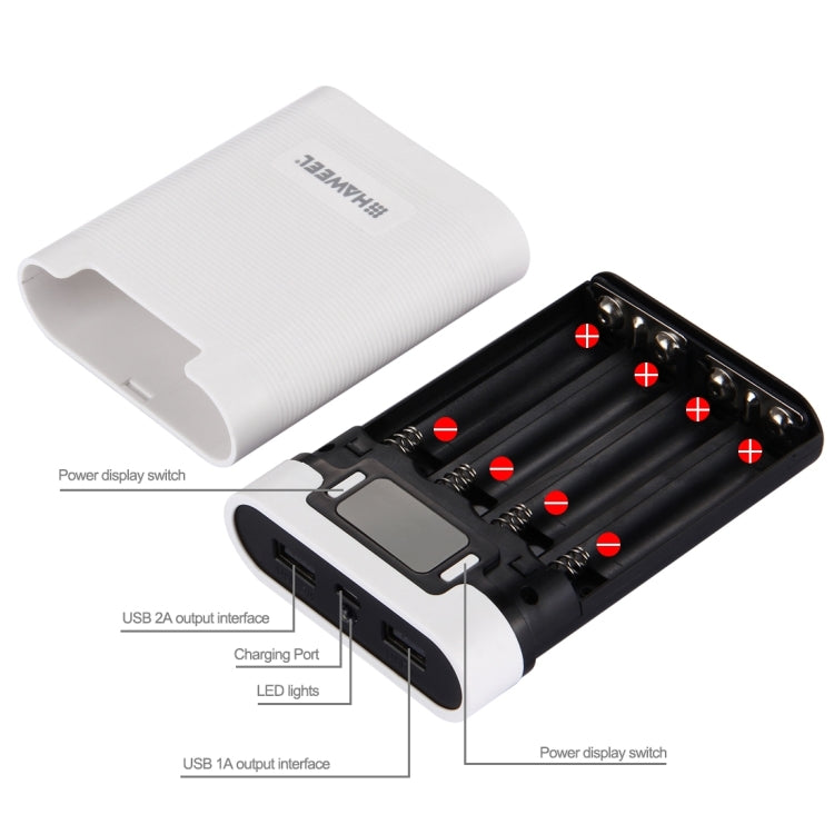 HAWEEL DIY 4 x 18650 Battery (Not Included) 10000mAh Power Bank Shell Box with 2 x USB Output & Display for iPhone, Galaxy, Sony, HTC, Google, Huawei, Xiaomi, Lenovo and other Smartphones(White)