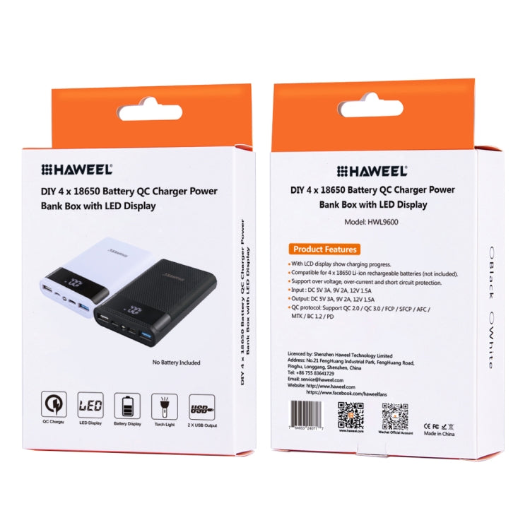 HAWEEL DIY 4x 18650 Battery (Not Included) 12000mAh Dual-way QC Charger Power Bank Shell Box with 2x USB Output & Display, Support QC 2.0 / QC 3.0 / FCP / SFCP / AFC / MTK / BC 1.2 / PD(Black)