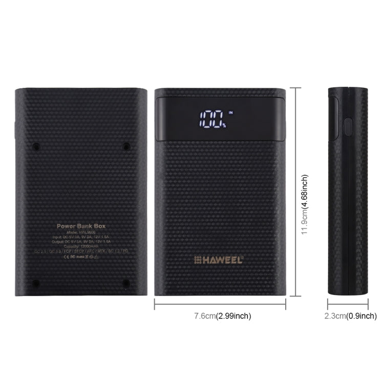 HAWEEL DIY 4x 18650 Battery (Not Included) 12000mAh Dual-way QC Charger Power Bank Shell Box with 2x USB Output & Display, Support QC 2.0 / QC 3.0 / FCP / SFCP / AFC / MTK / BC 1.2 / PD(Black)