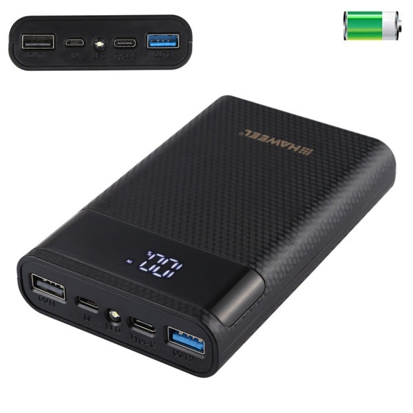 HAWEEL DIY 4x 18650 Battery (Not Included) 12000mAh Dual-way QC Charger Power Bank Shell Box with 2x USB Output & Display, Support QC 2.0 / QC 3.0 / FCP / SFCP / AFC / MTK / BC 1.2 / PD(Black)