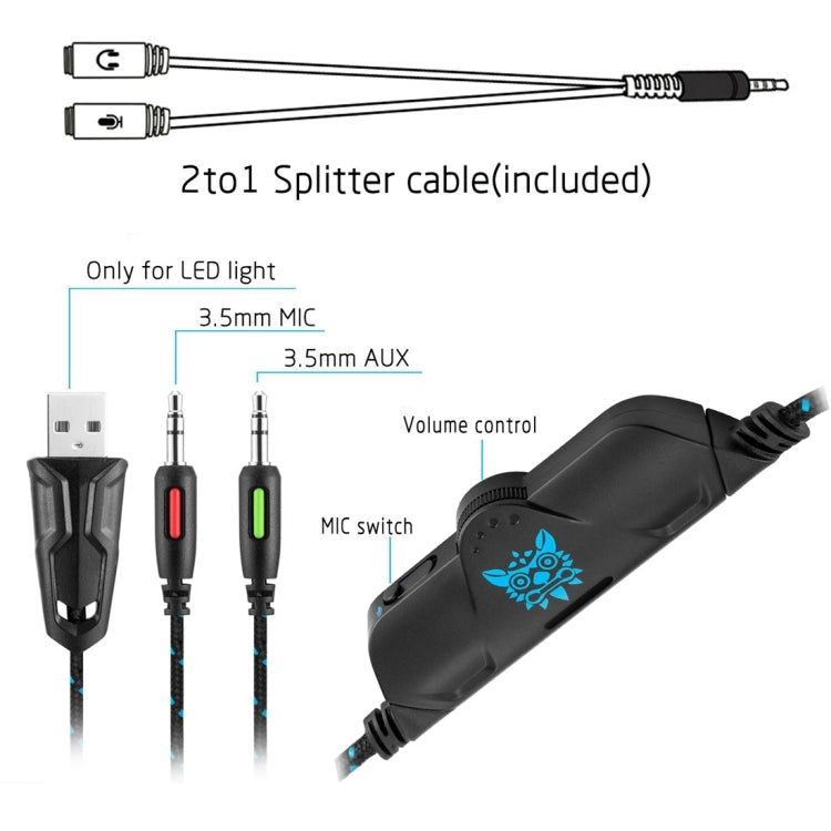 ONIKUMA K1B 3.5mm Plug Stereo USB LED Light Headphone with Microphone, For PS4, Smartphone, Tablet, PC, Notebook(Blue)