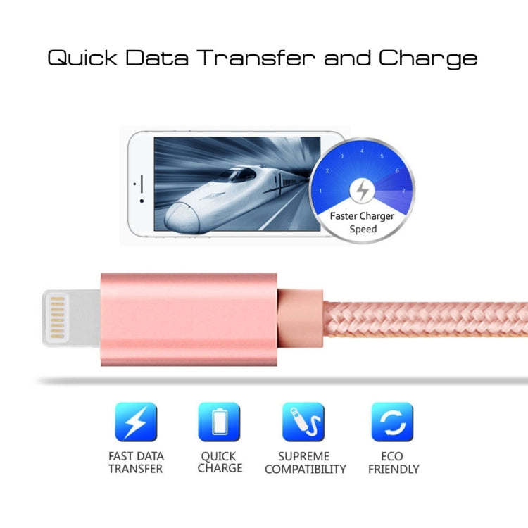1m 3A Woven Style Metal Head 8 Pin to USB Data / Charger Cable, For iPhone XR / iPhone XS MAX / iPhone X & XS / iPhone 8 & 8 Plus / iPhone 7 & 7 Plus / iPhone 6 & 6s & 6 Plus & 6s Plus / iPad(Rose Gold)