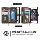 CaseMe for iPhone 6 Plus & 6s Plus Multifunctional Leather Billfold with Detachable Magnetic PC Back Protective Case & 10 Card Slots & 3 Cash Slots & 2 Photo Frames & 1 Zipper Wallet & 3 Magnetic Clasps & Holder(Black)