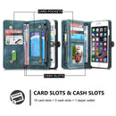CaseMe for iPhone 6 Plus & 6s Plus Multifunctional Leather Billfold with Detachable Magnetic PC Back Protective Case & 10 Card Slots & 3 Cash Slots & 2 Photo Frames & 1 Zipper Wallet & 3 Magnetic Clasps & Holder(Green)