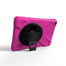 For iPad 9.7 (2018) & iPad 9.7 (2017) 360 Degree Rotation PC + Silicone Protective Case with Holder & Hand-strap(Magenta)