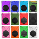 For iPad 9.7 (2018) & iPad 9.7 (2017) 360 Degree Rotation PC + Silicone Protective Case with Holder & Hand-strap(Magenta)