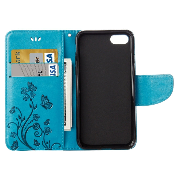 For iPhone 8 & 7 Pressed Flowers Horizontal Flip Leather Case with Holder & Card Slots & Wallet(Blue)