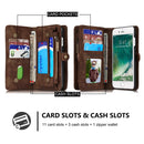 CaseMe for iPhone 8 & 7 Multifunctional Leather Billfold with Detachable Magnetic PC Back Protective Case & Holder & 10 Card Slots & 3 Cash Slots & 1 Zipper Wallet & 2 Photo Frames & 3 Magnetic Clasps(Coffee)