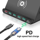 828W 7 in 1 60W QC 3.0 USB Interface + 4 USB Ports + USB-C / Type-C Interface + Wireless Charging Multi-function Charger with Mobile Phone Holder Function, AU Plug(Black)