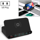 828W 7 in 1 60W QC 3.0 USB Interface + 4 USB Ports + USB-C / Type-C Interface + Wireless Charging Multi-function Charger with Mobile Phone Holder Function, US Plug(Black)