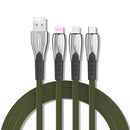 3A 3 in 1 USB to 8Pin + Micro USB + USB-C / Type-C Zinc Alloy Super-fast Charging Cable (Green)