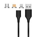 M11 3 in 1 3A USB to 8 Pin + Micro USB + USB-C / Type-C Nylon Braided Magnetic Data Cable, Cable Length: 1m (Black)