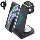 10W 3 in 1 QC 3.0 Vertical Multi-function Wireless Charger with Stand Function, Suitable for Mobile Phones / Apple Watch / AirPods (Black)